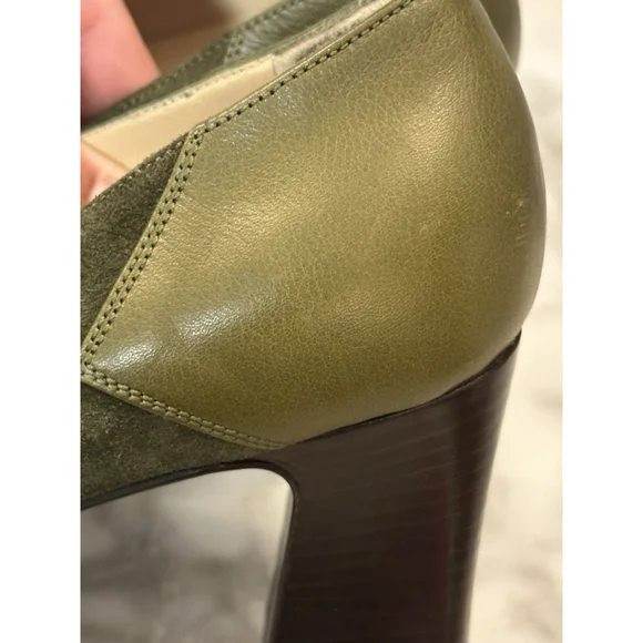 Bottega Veneta Olive Suede Block Heels Leather Trim Pumps Size 10